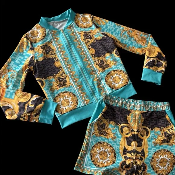 Shorts Set Vibrant Blue and Gold Patterned Jacket and Shorts - Picture 2 of 6
